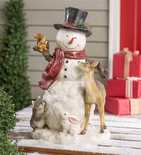 Woodland Snowman Statue With Animals Wind And Weather