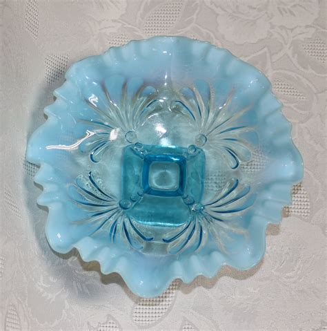 Antique Jefferson Blue Opalescent Glass Leaf And Diamonds Footed Bowl F B