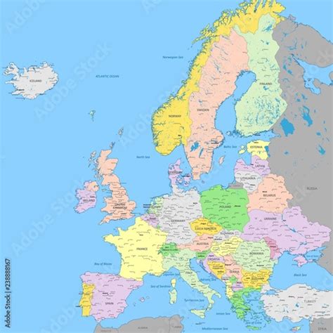 Plakat Europe Political Map High Detail Color Vector Atlas With