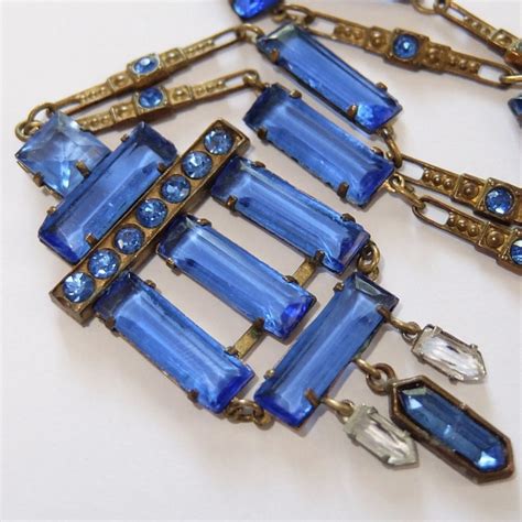 Antique Art Deco Blue Rhinestone Czech Glass Pendant Necklace
