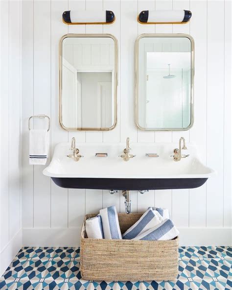 Coastal Bathroom With Double Trough Vanity Via Karahebertinteriors