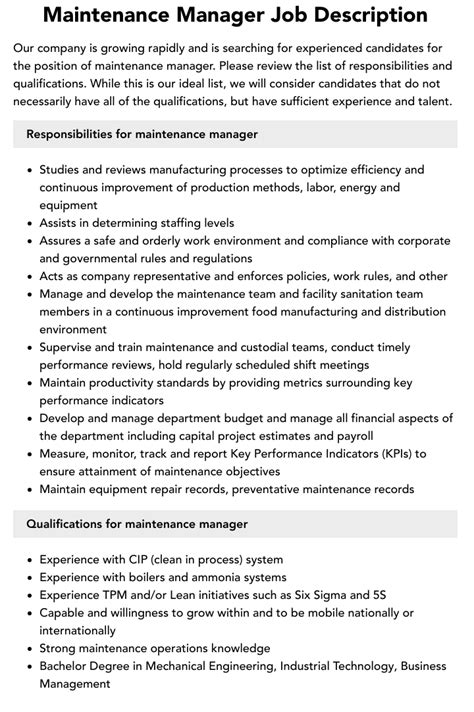 Maintenance Manager Job Description Velvet Jobs