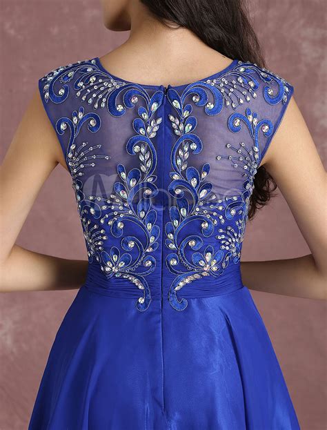 Chiffon Prom Dresses Illusion Beaded Homecoming Dresses Royal Blue