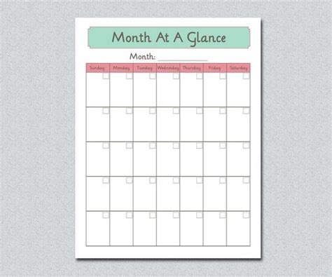 Month At A Glance Blank Calendar Template 4 Templates Example