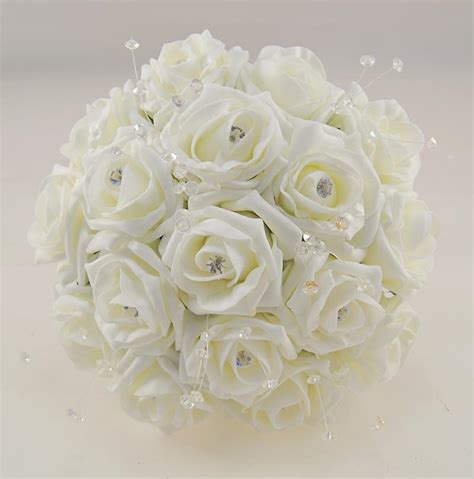 Brides Ivory Diamante Foam Rose And Crystal Spray Wedding Bouquet