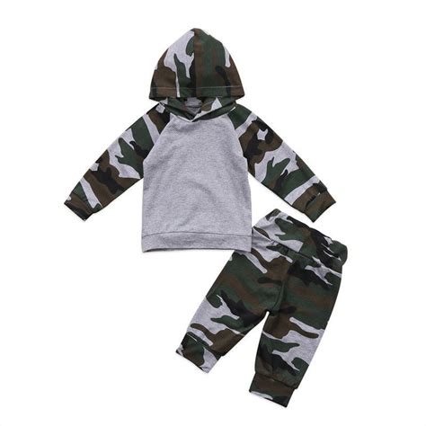 2pcs Newborn Infant Baby Boys Camouflage Hooded Toppants Outfits