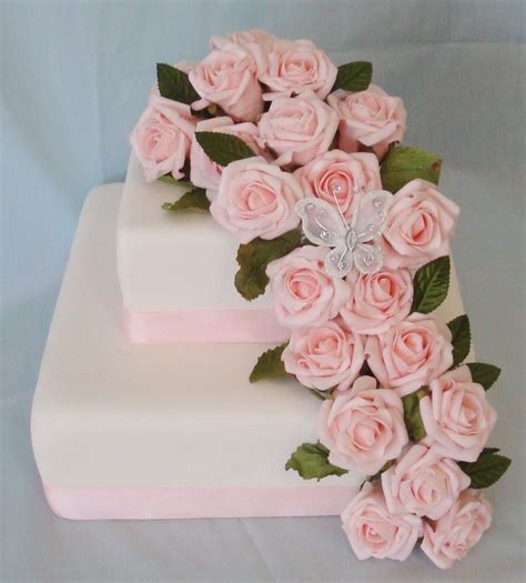 2 Tier Square Wedding Cake With Pink Roses And Butterfly Square