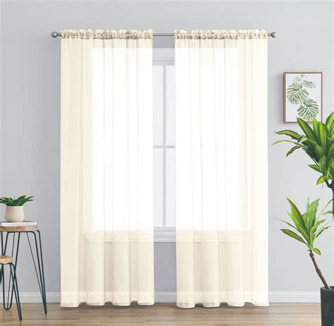 2 Piece Solid Rod Pocket Sheer Window Curtains Sheer Beige Curtains