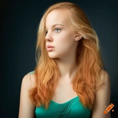 Portrait Of A Young Woman With Strawberry Blonde Hair And Turquoise Green Eyes