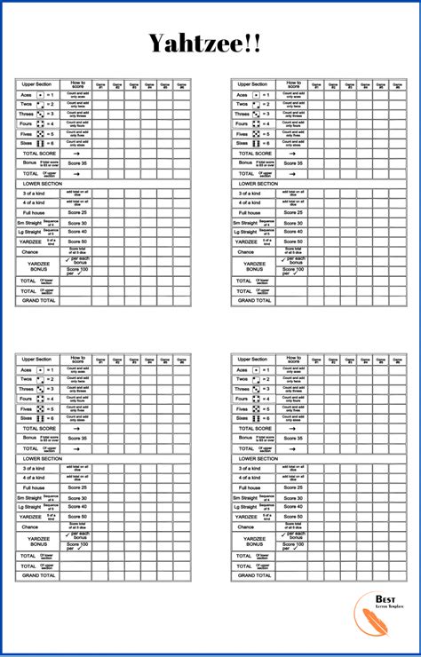Printable Yahtzee Score Cardssheet Pdf Online