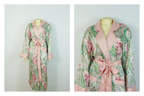 Vintage Dressing Gown Robe 80s Victorias Secret Pink Floral Paisley