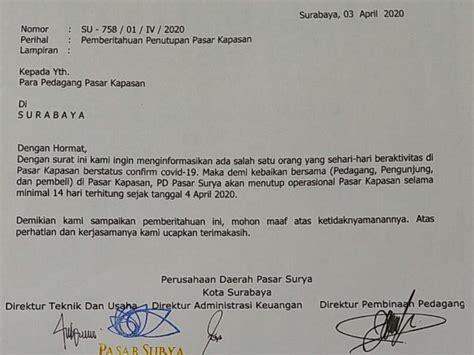 Surat Pemberitahuan Penutupan Pasar Kapasan Surabaya