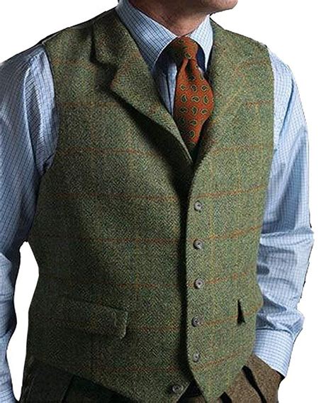 Mens Vest Green Vest Tweed Wool Waistcoat Slim Fit Lapel Plaid Suit