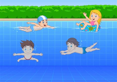 Niños De Dibujos Animados Nadando En La Piscina Descargar Vectores