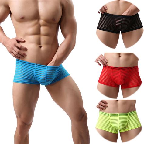 5 Pack Mesh Breathable Mens Striped Low Rise Briefs Boxers Pouch Sheer