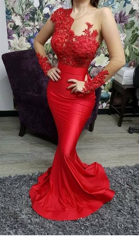 Red Evening Dresses Long Sleeve Lace Appliqué Beaded Mermaid Modest