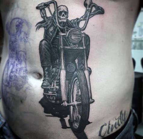 Skeleton rider personal piece i did for myself recently of a biker skeleton riding through flames on a motorcycle. 90 Harley Davidson Tattoos For Men - Manly Motorcycle Designs