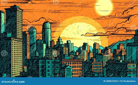 Hand Drawn Illustration With Sunset In The City Generative Ai Stock