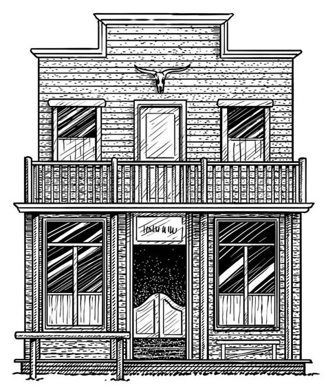Old American Western Building Illustration Drawing Engraving Ink