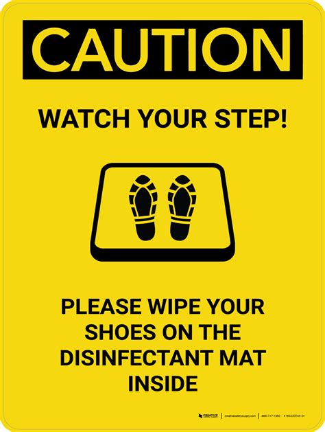 Caution Watch Your Step Please Wipe Shoes With Icon Portrait Wall Sign
