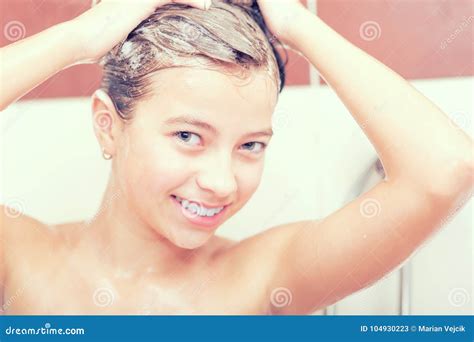 Teenage Girl In Bathroom Is Showering Morning And Evening Hygie Stock Image Image Of