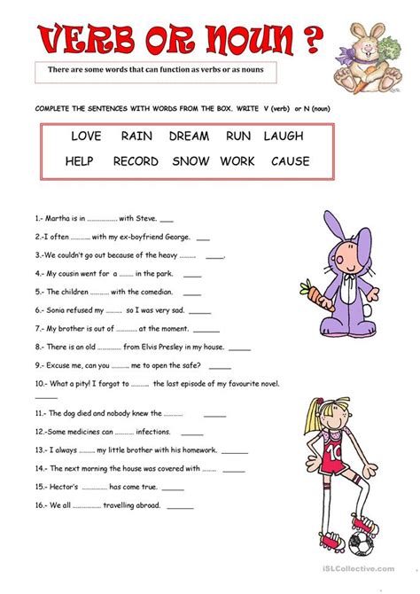 Worksheets are verbs and nouns work, singular and plural nouns with matching verbs work, name date grammar work would like noun would, noun review, grammar work excessive nominalizations. VERB OR NOUN worksheet - Free ESL printable worksheets ...