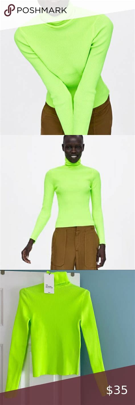 Nwt Zara Ribbed Turtleneck Sweater In Neon Green Ribbed Turtleneck