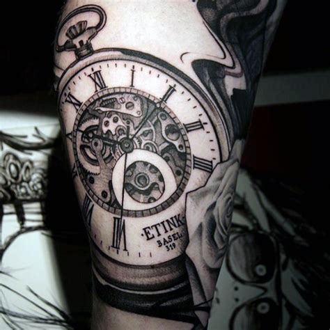 Big Black Ink Mechanical Pocket Clock Tattoo On Leg Tattooimagesbiz