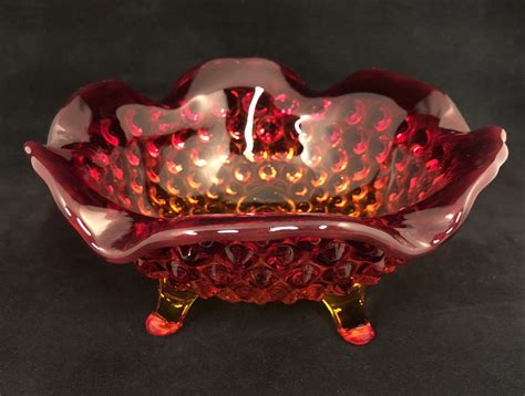 Vintage Amberina Hobnail Three Footed Bowl With Scalloped Edge Art Glass Bowl Red Orange And