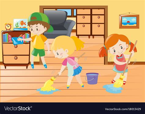 Three Kids Cleaning In House Royalty Free Vector Image