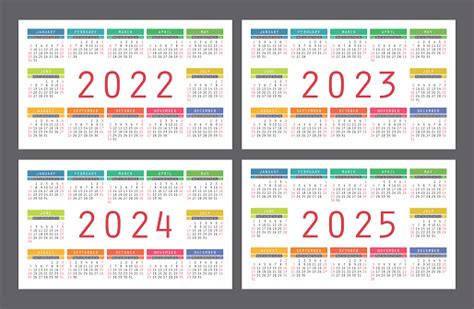 Kalender 2022 2023 2024 Dan 2025 Tahun Set Vektor Warnawarni Inggris