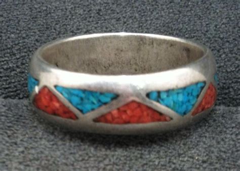 Large Vintage 925 Sterling Silver Turquoise And Coral Southwestern Ring