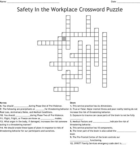 Safety In The Workplace Crossword Puzzle Wordmint