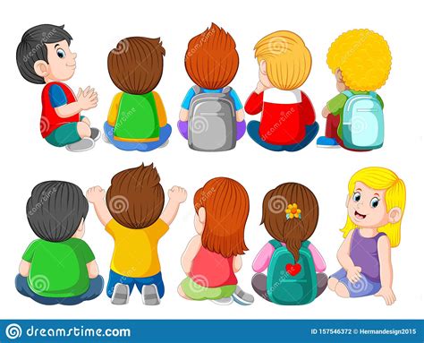Back View Of A Group Of Cute Kids Sitting Stock Vector Illustration