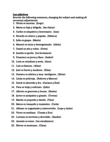 Adjetivos Spanish Adjectives Worksheet 1 Teaching Resources