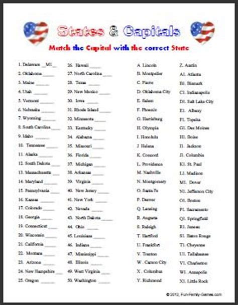 States And Capitals Matching Worksheet