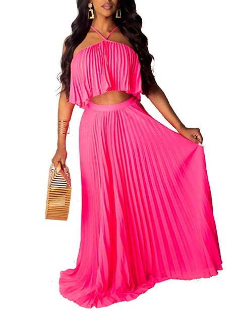 crop top maxi skirt set sexy summer beach chiffon 2 piece outfit dress pink s