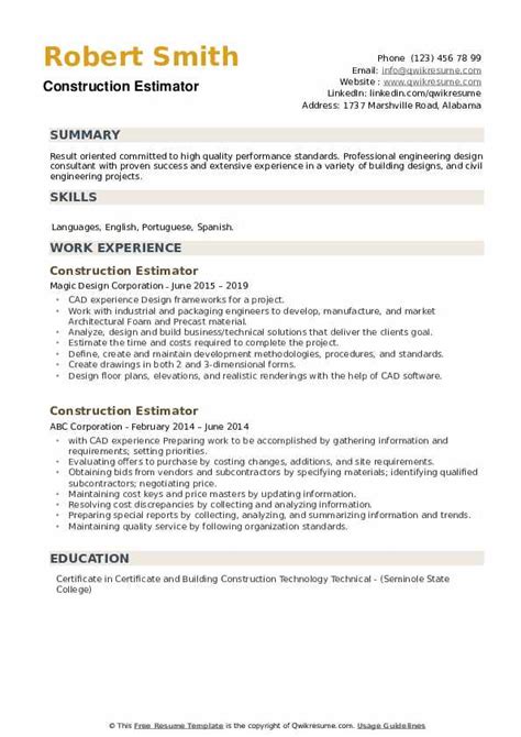 Construction Estimator Resume Samples | QwikResume