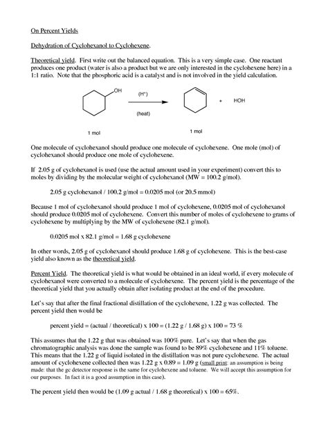 Yield Calculations On Percent Yields Dehydration Of Cyclohexanol To