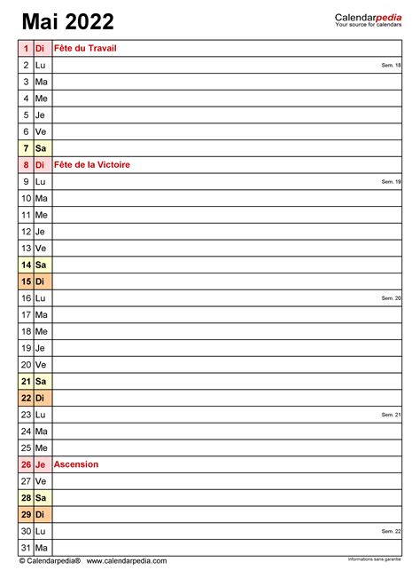 Calendrier Mai 2022 Excel Word Et Pdf Calendarpedia