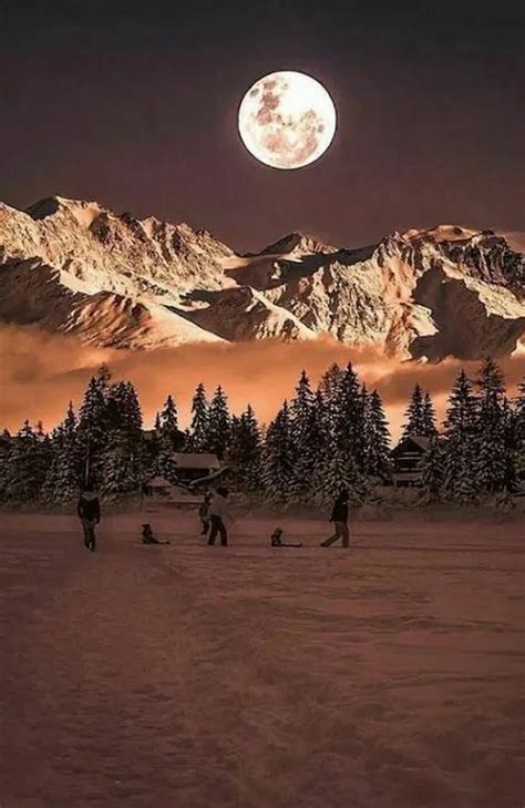 Moon Magic Full Moon Mountains Landscape Nature Snow Pines Trees Cabins