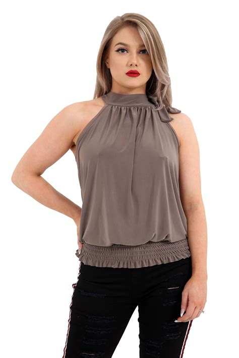 New Ladies Womens Plain Pleated Sleeveless Sexy Top Ruched Halter Neck Party Top Ebay