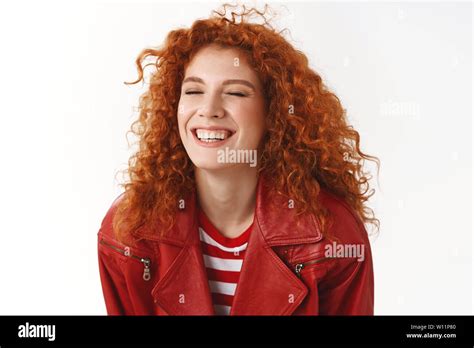 Close Up Carefree Redhead Curly Haired Ginger Girl Express Happiness