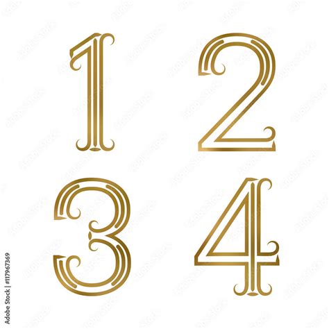 One Two Three Four Golden Numbers Font Of Lines With Flourishes