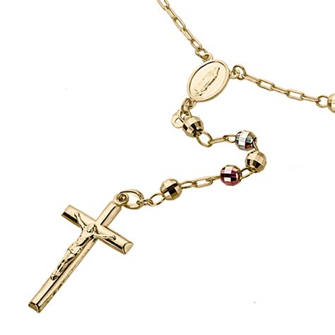 Women 14k Tri Color Gold Rosary Necklace 5mm Dc Bead Rosary Chain