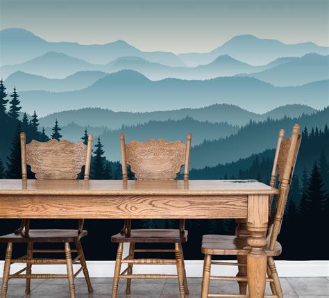 Dark Blue Mountain With Pine Tree Forest Wall Mural Removable Etsy