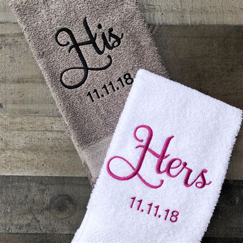 His And Hers Embroidered Hand Towels With Wedding Date 2 Piece Set