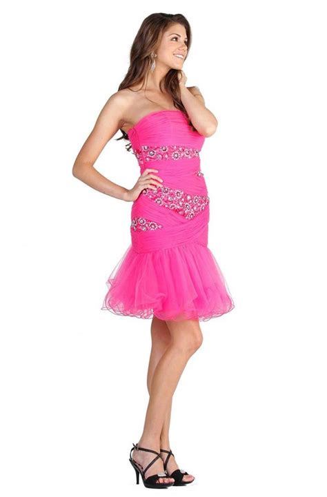 Fit And Flare Strapless Short Hot Pink Tulle Beaded Prom Dress
