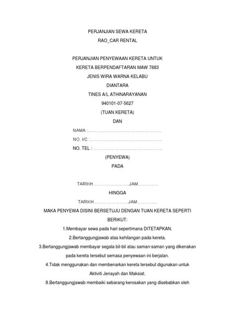Create a legally binding free tenancy agreement using this tenancy agreement template. Penyewaan Surat Perjanjian Sewa Kereta