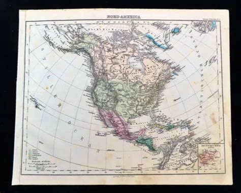 1876 Antique Map Of North America British Columbia Usa Old German Hand